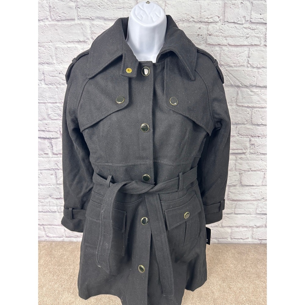 Robert Philippe Vintage Black Wool Blend Hooded Belted Trench Coat Size 10